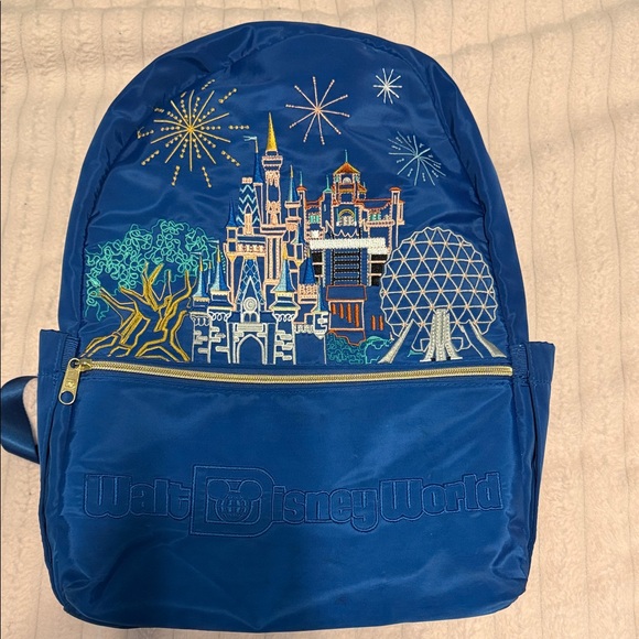 Disney Handbags - Disney Blue Full Size Backpack with Castle and Fireworks Design